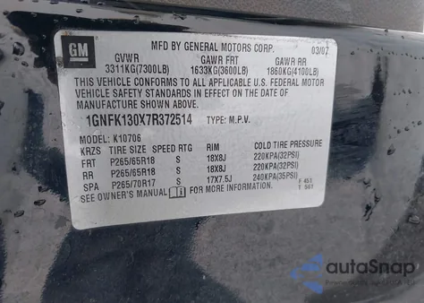 2007 Chevrolet Tahoe Lt из США, поврежденный, VIN 1GNFK130X7R372514